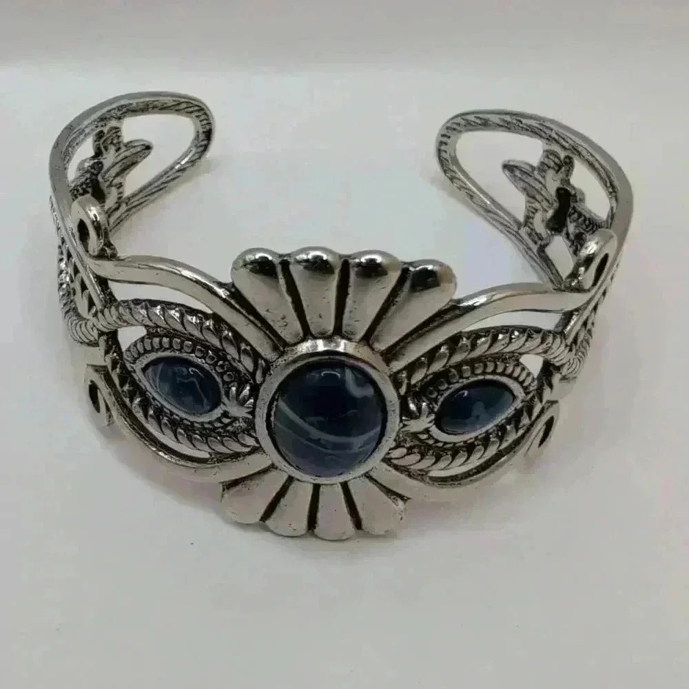 Silvertone Blue Bead Cuff Bracelet Ornate Design Womens